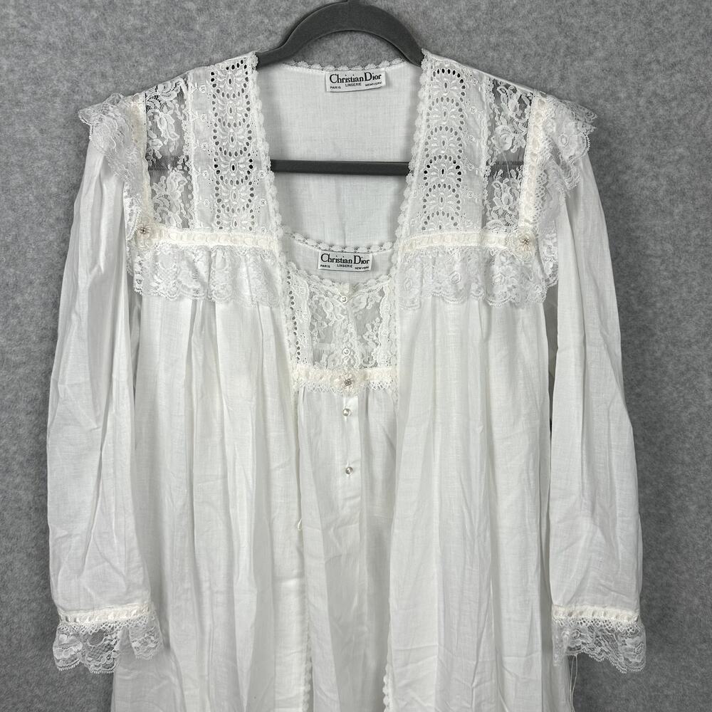 VTG Christian Dior White Lace Nightgown & Robe M 2 Piece Set Bride Romantic NEW - Picture 3 of 16
